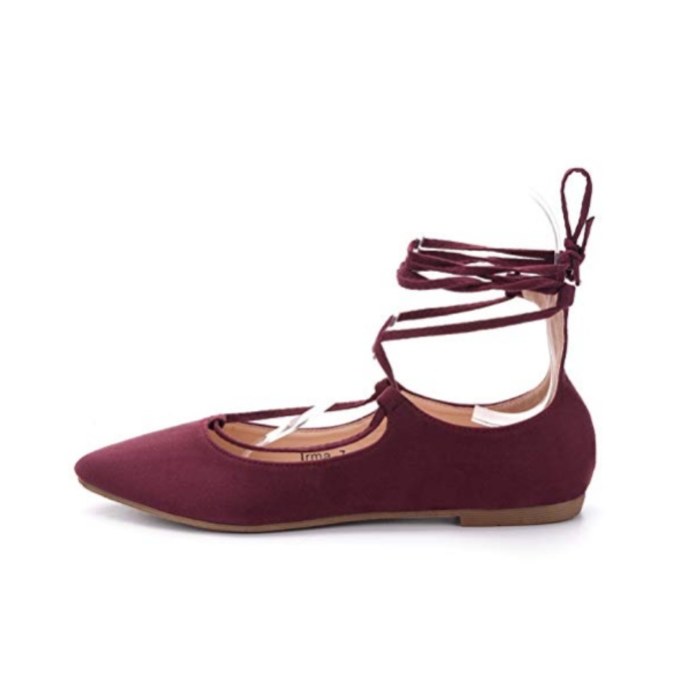 IRMA Maroon Lace Up Pointy Toe Flats - Picture 3 of 5